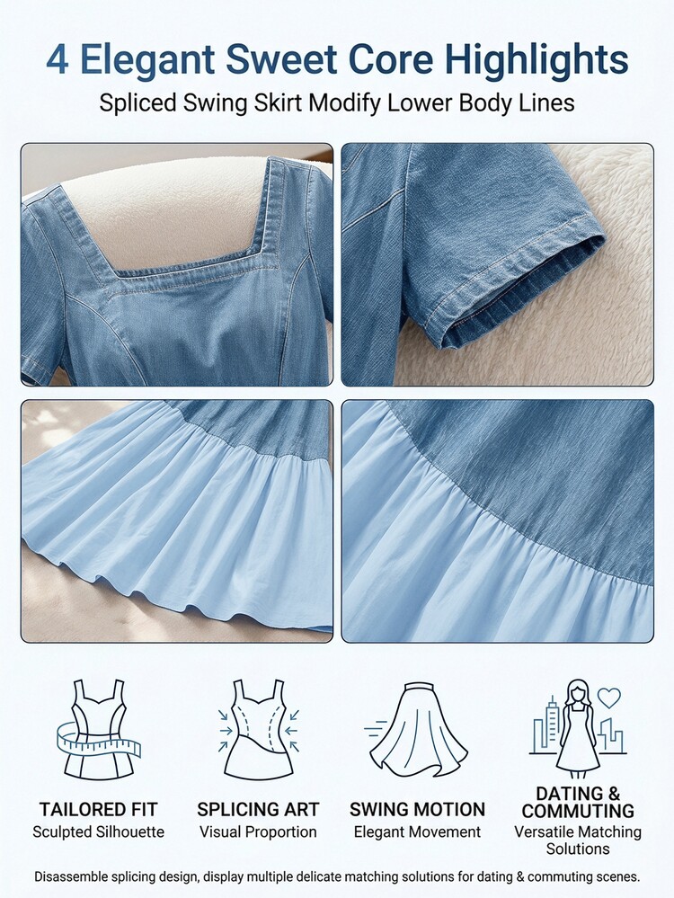 GlowEve Women's Fashionable Square Neck Short Sleeve Denim Dress - Multicolor - View 9