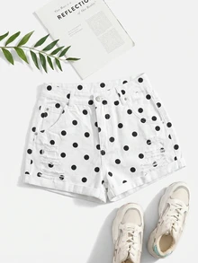 SHEIN EZwear 女款波點口袋鈕扣休閒日常牛仔短褲 - 彩色 - 查看 1