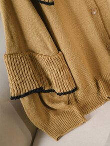 CosyJoli Caramel Brown Contrast Black Trim Double Layer Ruffle Round Neck Knitted Cardigan Women Autumn/Winter Loose Lantern Sleeve Asymmetrical Hem Sweater Jacket - Khaki - View 6