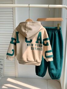 SHEIN 中性嬰兒男孩/女孩幼童 2件組秋冬保暖內裡加厚休閒時尚後背標語圖案連帽衛衣套裝，嬰兒冬季服飾運動套裝，聖誕 - 墨綠色 - 查看 4