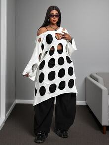 Maweii Plus Size Women's New Grey Asymmetric Shoulder Hollow Out Long Cover-Up, Loose Fit, Unique Hollow Design, Asymmetric Shoulder Cut, Sexy Outerwear Cover-Up, Street Style Vibe, Niche Personality, Summer Loose Slimming Mid-Length Hollow Out Cover-Up Dress - White - View 1
