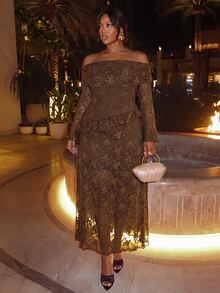 Firerie Setelan 2 Potong Atasan dan Rok Jacquard Warna Polos Elegan Ukuran Plus untuk Wanita, Warna Hijau Tua, Cocok untuk Acara Makan Malam Formal Musim Panas - Coklat - View 2