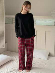 Dazy Kids Teen Girl Solid Color Long Sleeve Top And Plaid Pants Casual Daily Home Pajama Set - Black - View 4
