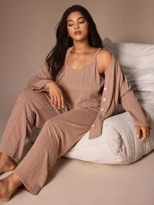 Lazeform Plus Size Textured Knit 3 PiecesLoungewear Set, Minimalist V-Neck Cardigan, Camisole And Pajama Pants - Khaki - View 1