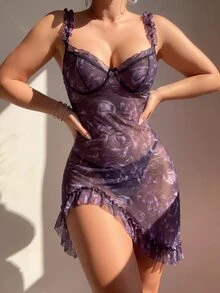 SHEIN 2件裝浪漫花卉印花荷葉邊高開衩細肩帶洋裝 - 彩色 - 查看 5
