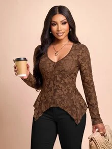 Brilight Sxy Deep V Front Button Slim Waist Hanky Hem Shirt For Shopping Club Casual Outfit - Brown - View 6