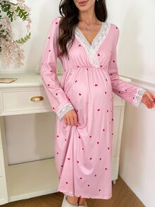 Moonlight&Mama Maternity Casual Heart Print Contrast Lace Long Nightgown - Pink - View 7