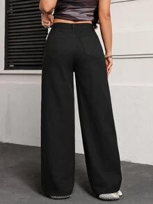 Jeanoix Petite Women's Casual Versatile Wide Leg Denim Jeans - Black - View 2