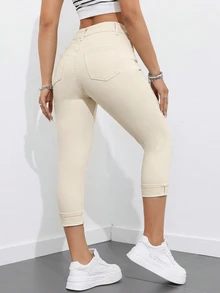 Flexra Petite Women's Casual Versatile Denim Skinny 7/10 Length Pants With Pockets - Apricot - View 2