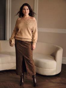 MOTF PREMIUM PLUS SIZE FAUX PEARL AND RHINESTONE DECORATED SWEATER WINTER FORMAL EVENING CAMEL ELEGANT - Khaki - View 4