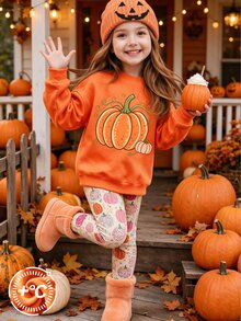 1 Set, Sweatshirt Fleece Lengan Panjang Leher Bulat Motif Oranye dengan Transfer Panas untuk Anak Perempuan + Celana Panjang Pas Badan Motif , Pakaian Kasual Dalam/Luar Ruangan Musim Gugur/Dingin untuk Halloween - MultiWarna - View 6