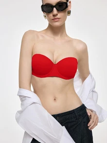 SHEIN 亮紅色鋼圈模杯聚攏托高巴肯內式內衣，高支撐防滑無肩帶隱形舒適女款胸罩 - 紅色 - 查看 7