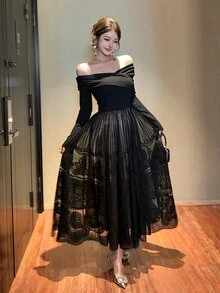 DAZY Women's Square Neck Long Sleeve Cinched Waist Lace Patchwork Elegant Dress Fall - Black - View 3