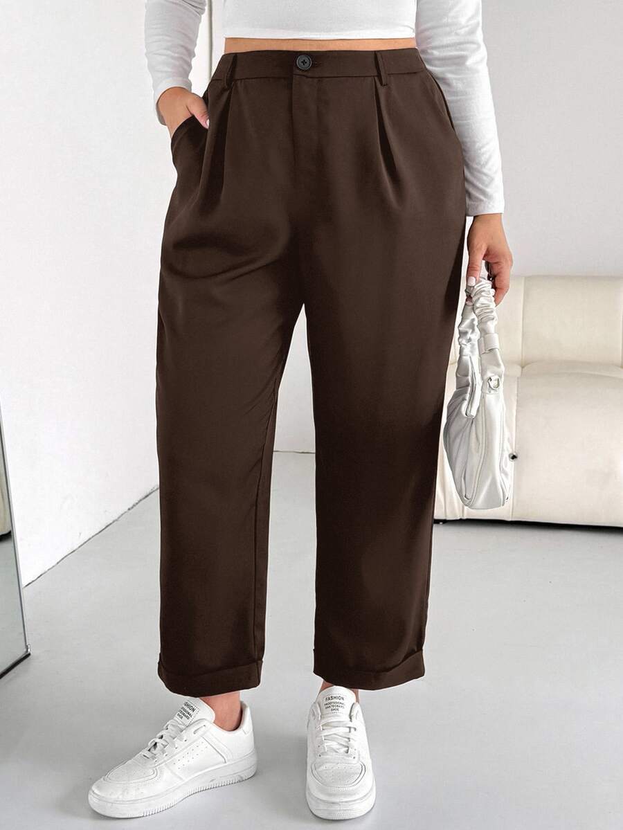 SHEIN Essnce بنطلون نسائي مقاس كبير بلون موحد خصر عالي مع جيوب وتصميم مطوي ومستدق - قهوة بني - مشاهدة 1