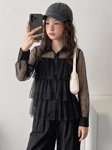 Dazy Kids 少女時尚分層網紗設計鈕扣上衣，適合日常穿著 - 黑色 - 查看 3