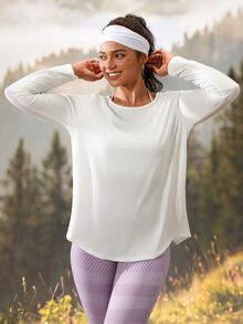 Exploreva Kaos Outdoor Lengan Panjang Wanita Kasual Warna Beige dengan Belahan Belakang - Aprikot - View 2