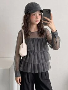 Dazy Kids Tween Girl Solid Color Mesh Casual Versatile Daily Wear Top - Grey - View 5