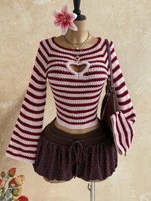 Soleia Women's Striped Heart Cutout Design Long Sleeve Cropped Sweater - Multicolor - View 6