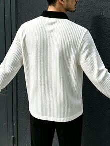 Manfinity Dauomo Men's Contrast Color Lapel Zipper Design Long Sleeve Business Casual T-Shirt - White - View 2