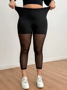 Shapeblank 大尺碼女款彈性腰拼接格紋網紗七分緊身褲 - 黑色 - 查看 4