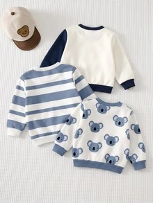 Set Sweatshirt Lengan Panjang 3 Potong untuk Anak Laki-Laki, Motif Klasik Retro Lucu dengan Blok Warna dan Patchwork, Motif Kartun Gajah Klasik, Motif Hewan Kukang Klasik, 3 Potong, Cocok untuk Musim Gugur/Musim Dingin - MultiWarna - View 3