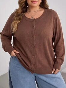 SHEIN CURVE+ 大尺碼休閒純色圓領長袖寬鬆女款黃色針織開襟衫 - 棕色 - 查看 5