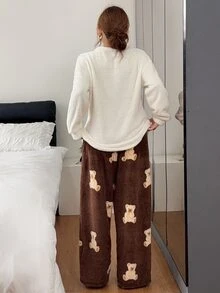 Napfluff Women's Casual Plush Teddy Bear Print Long Sleeve Pullover Pants Pajama Set - Multicolor - View 2