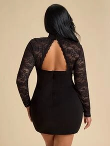 SHEIN BAE CURVE Plus Size Women's Black Lace Patchwork Short Dress,Halloween Elegant Black Lace Long Sleeve Backless Dress, Autumn Lace Black Dress, Sexy Black Dress - Black - View 2