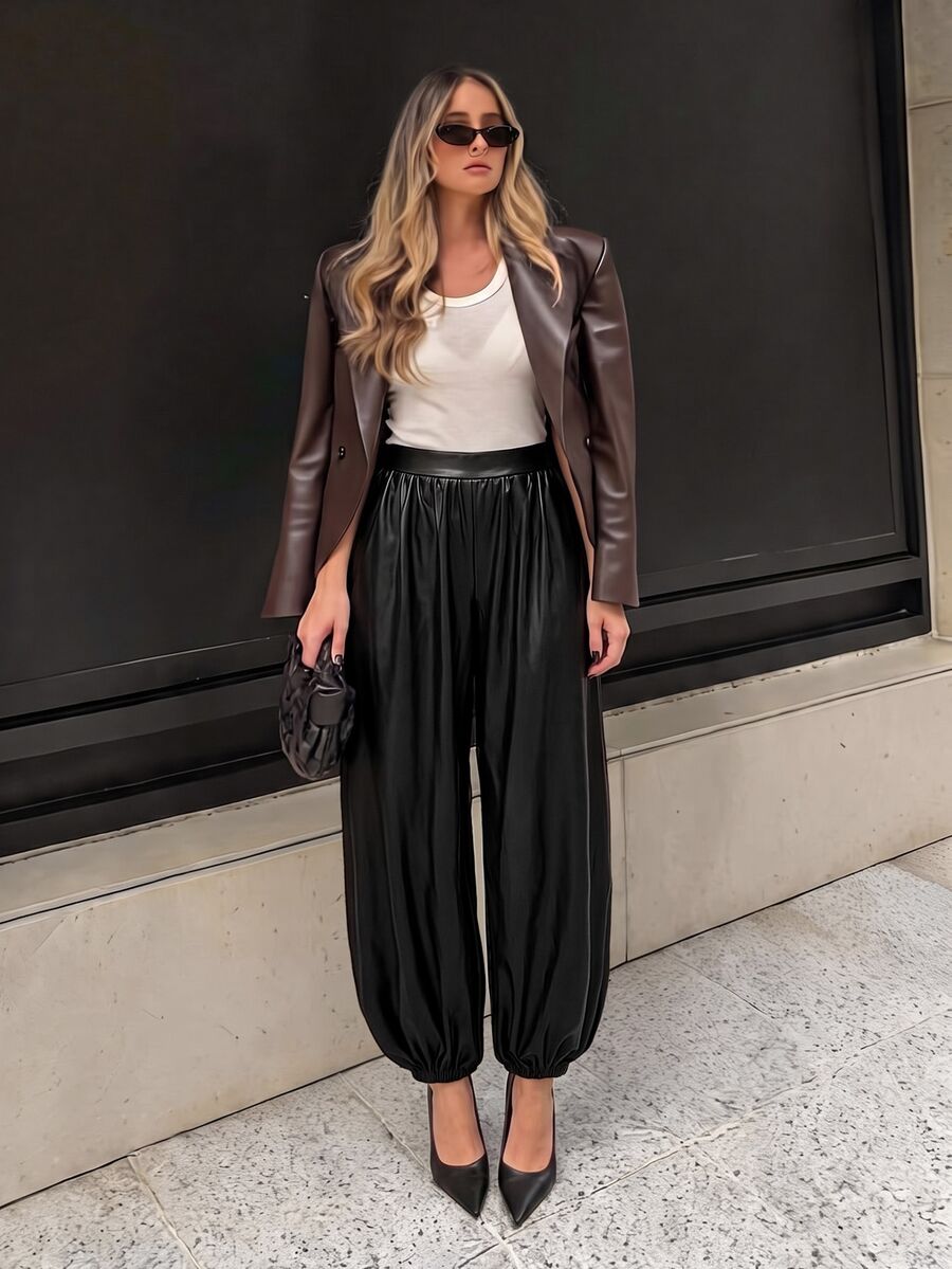 Lavishia Women's Spring/Summer Fashion Casual Balloon Pants, Comfortable Versatile Coffee Color Long Pants - Black - View 1