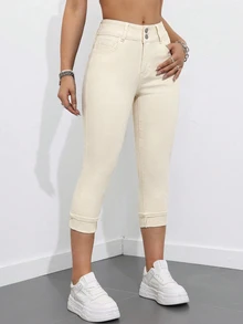 Flexra Petite Women's Casual Versatile Denim Skinny 7/10 Length Pants With Pockets - Apricot - View 4