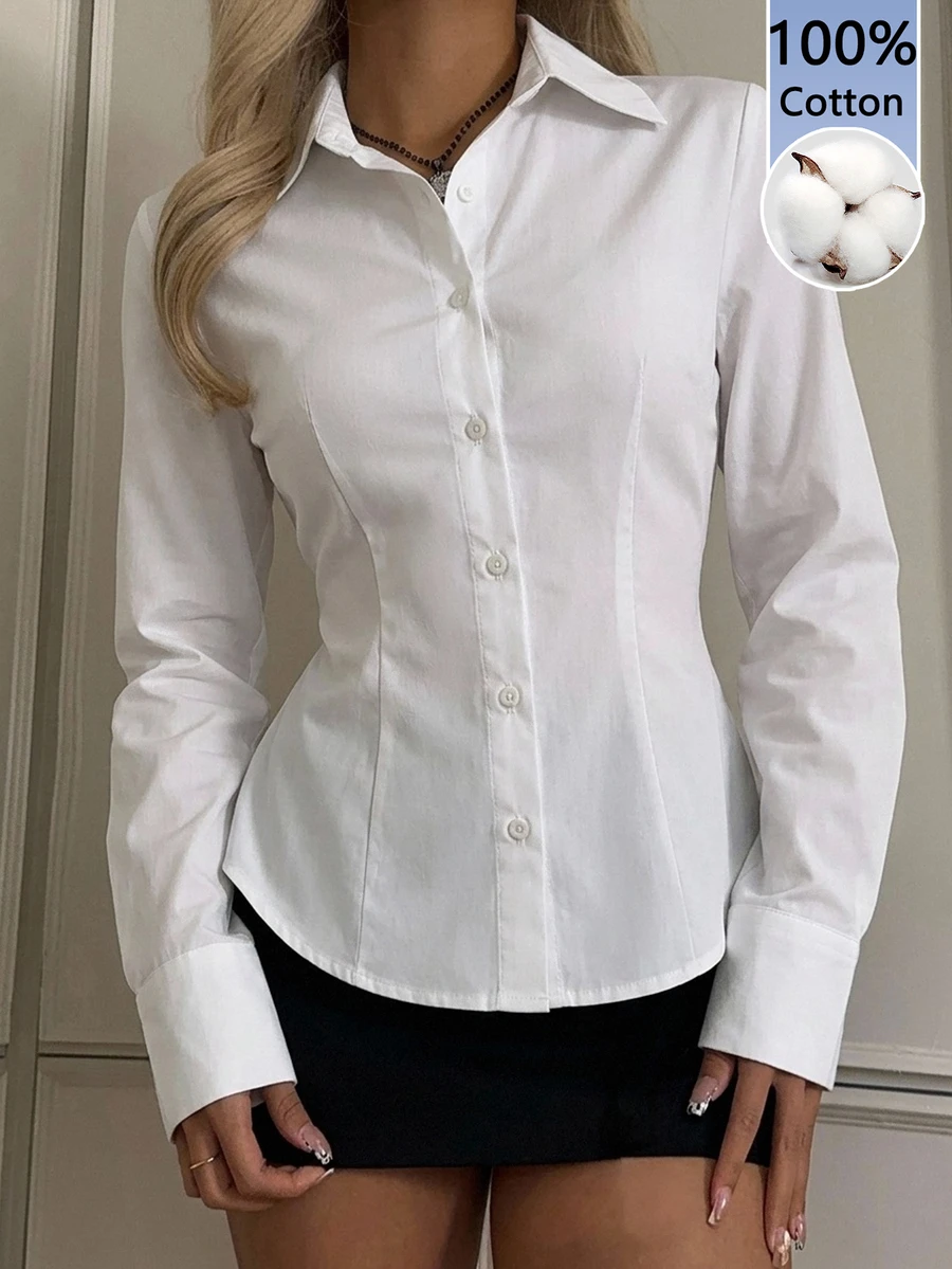 SHEIN EZwear 女款素色休閒百搭日常穿著襯衫 - 白色 - 查看 1