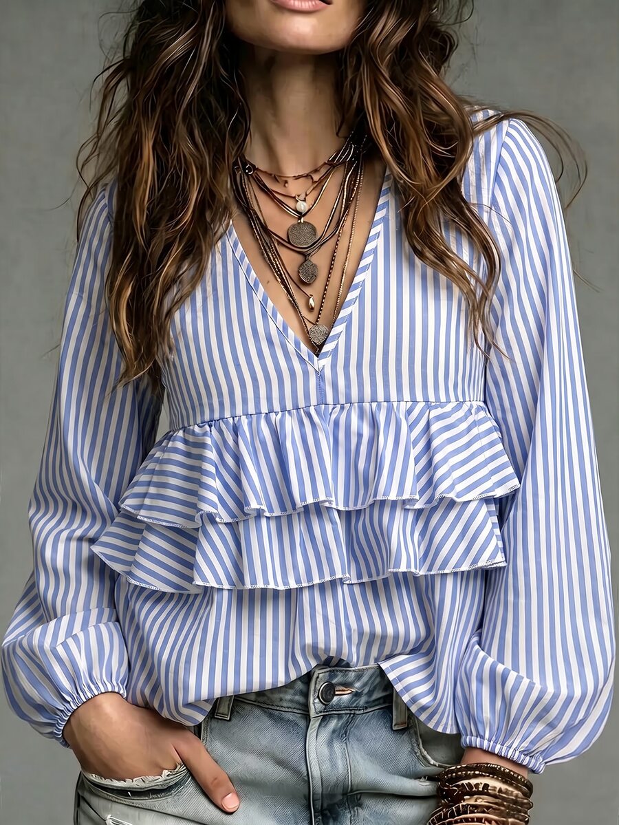 Omancia Women's V-Neck Striped Casual Versatile Everyday Outing Shirt - Blue - View 1
