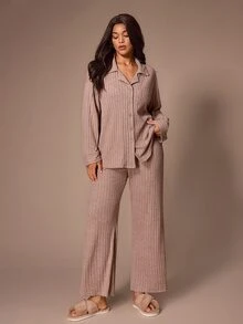 Lazeform Super Soft Ribbed Women's Plus Size Pajama Set Casual Loungewear - Pink - View 2