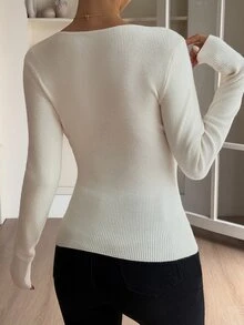 DAZY Women's Solid Color Contrast Lace V-Neck Long Sleeve Slim Fit Elegant Sweater Fall - Beige - View 3