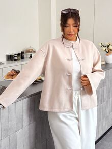 Firerie Plus Size Women's Solid Color Drop Shoulder Long Sleeve Frog Button Design Casual Jacket - Apricot - View 7