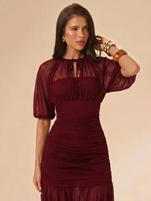 SHEIN BAE Gaun Pesta Wanita Elegan Berwarna Polos - Burgundy - View 6