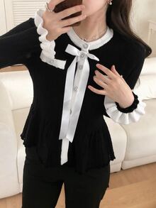 DAZY 女款拼色休閒百搭日常外出開襟衫 秋季 - 黑色 - 查看 1