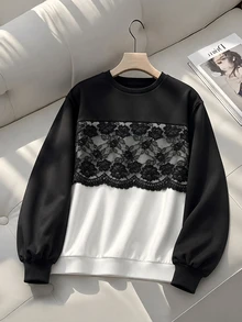Modelyn 秋冬對比蕾絲圓領寬鬆落肩長袖上衣，小眾設計修身女款衛衣 - 彩色 - 查看 6