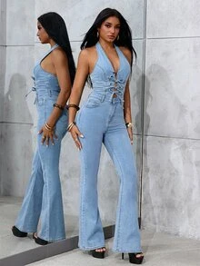 Jeanoix Petite Women's Casual Daily Outing Halter Neck Denim Jumpsuit With Pockets - Light Wash - View 6