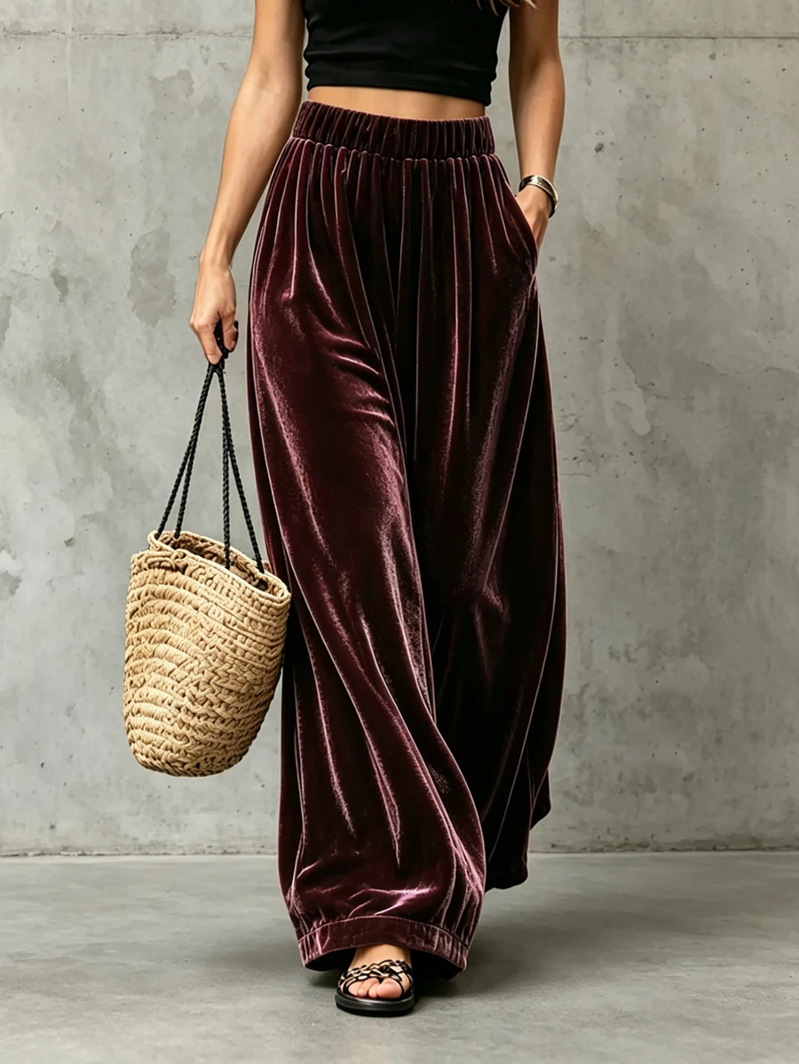 LUMIGAL Women's Elegant Coffee-Colored Velvet Wide-Leg Pants - Coffee Brown - View 1