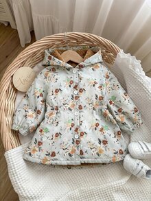 SHEIN 女嬰花卉可愛秋冬百搭保暖內裡連帽夾克 - 綠色 - 查看 6