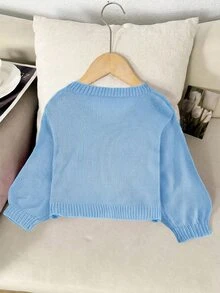 SHEIN 粉色針織秋季毛衣，蝴蝶結裝飾可愛開襟衫，柔軟舒適，冬季，仙女風，女學生，返校季，鈕扣設計，適合年輕女孩 - 藍色 - 查看 2