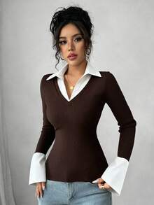 SHEIN Raffinéa 藍色條紋印花對比色女款簡約V領 Polo 領彈性修身打底上衣，休閒夜店商務休閒演唱會穿搭辦公室穿搭，老錢風熱門純色羅紋針織面料，高彈超軟舒適親膚貼身修身，休閒日常性感派對街頭度假旅行約會，春夏秋冬新款喇叭袖長袖T恤 - 咖啡棕 - 查看 7