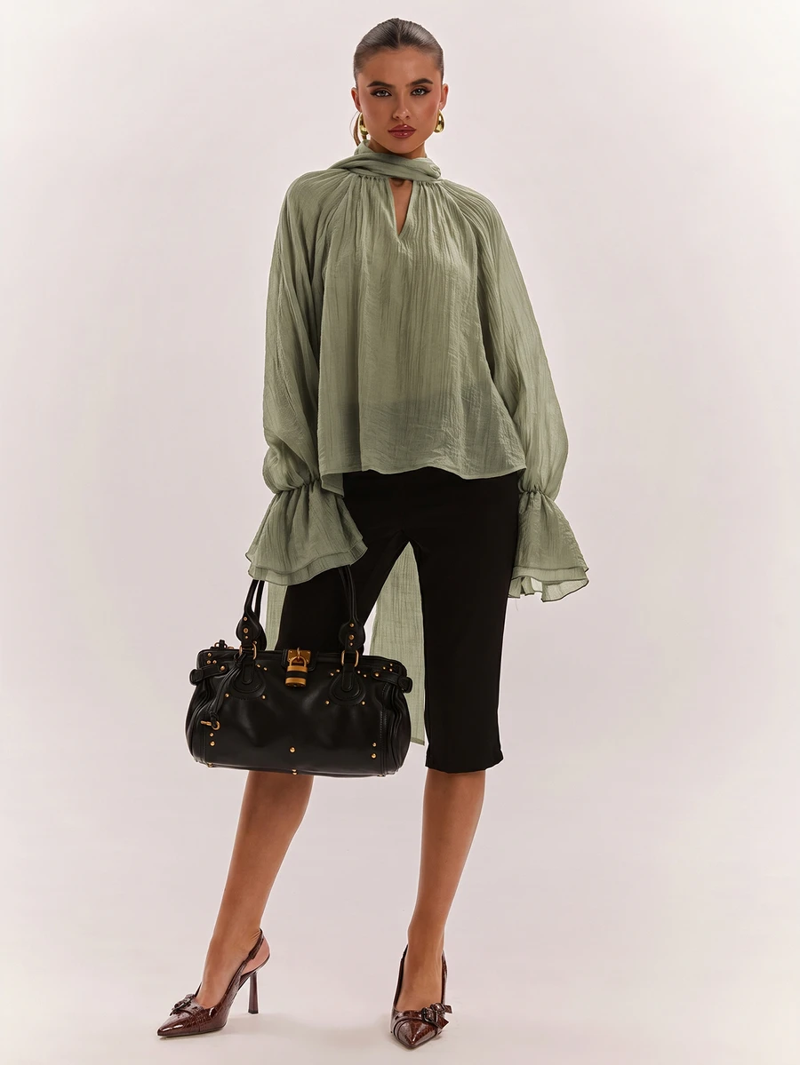 SHEIN BAE 女款純色插肩袖喇叭袖優雅襯衫 - 軍綠色 - 查看 1