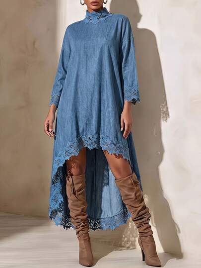 Vesra Vestido asimétrico de mujer con efecto denim y encaje en contraste