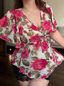 Vibekara Plus Size Spring/Summer Elegant Large Floral Print Ruffle Short Sleeve Blouse - Hot Pink - View 1