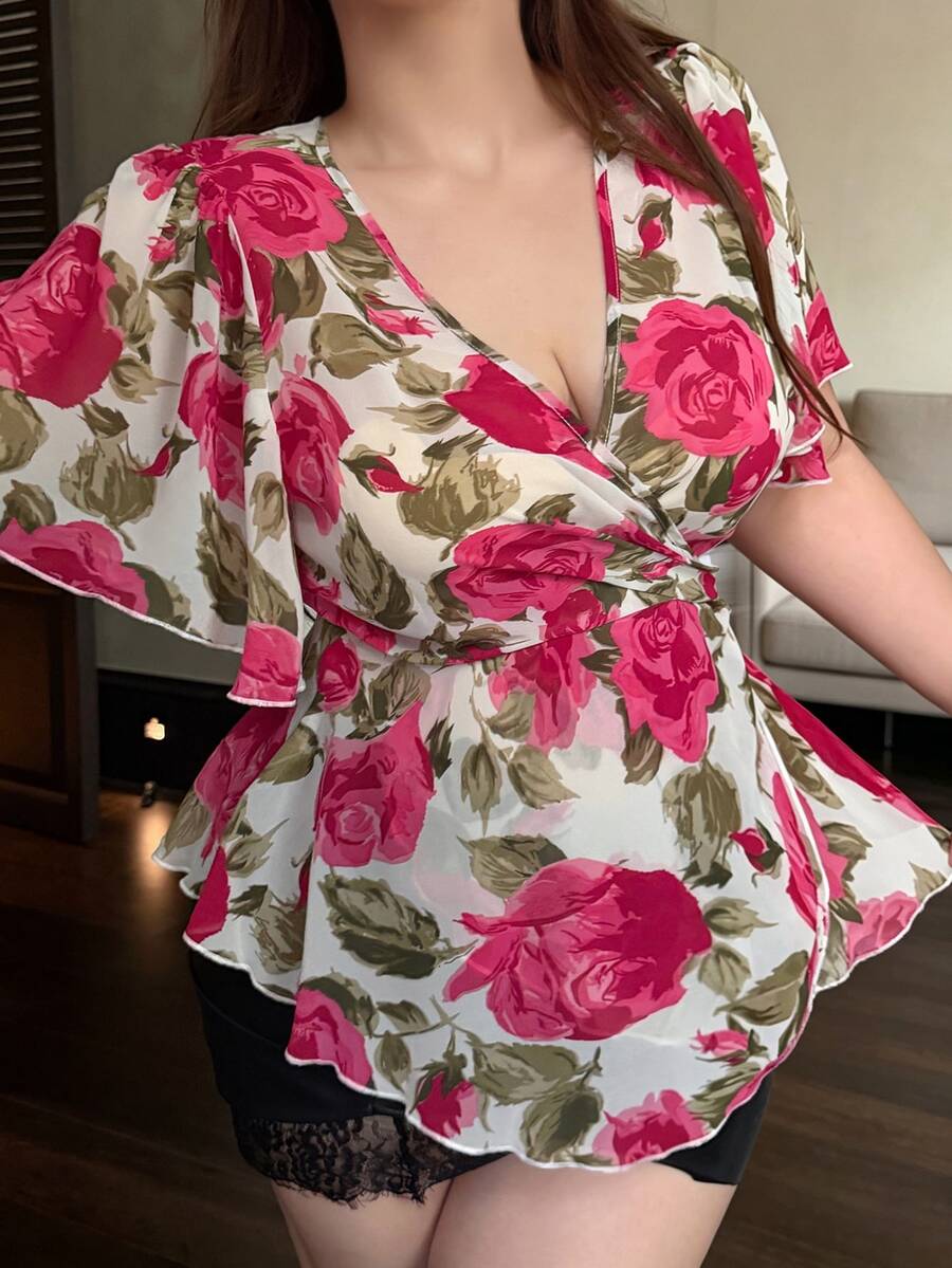 Vibekara Plus Size Spring/Summer Elegant Large Floral Print Ruffle Short Sleeve Blouse - Hot Pink - View 1