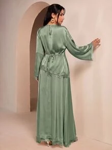 Veilorie Women's Lace Patchwork Long Sleeve Top And Skirt Casual 2 Pieces Set - Green - View 8