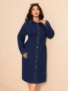 Elaquor Plus Size Women's Long Sleeve Single-Breasted Casual Denim Dress - Blue - View 7