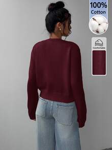 SHEIN BASICS 女款素色長袖單排扣休閒針織開襟衫 - 酒紅色 - 查看 2